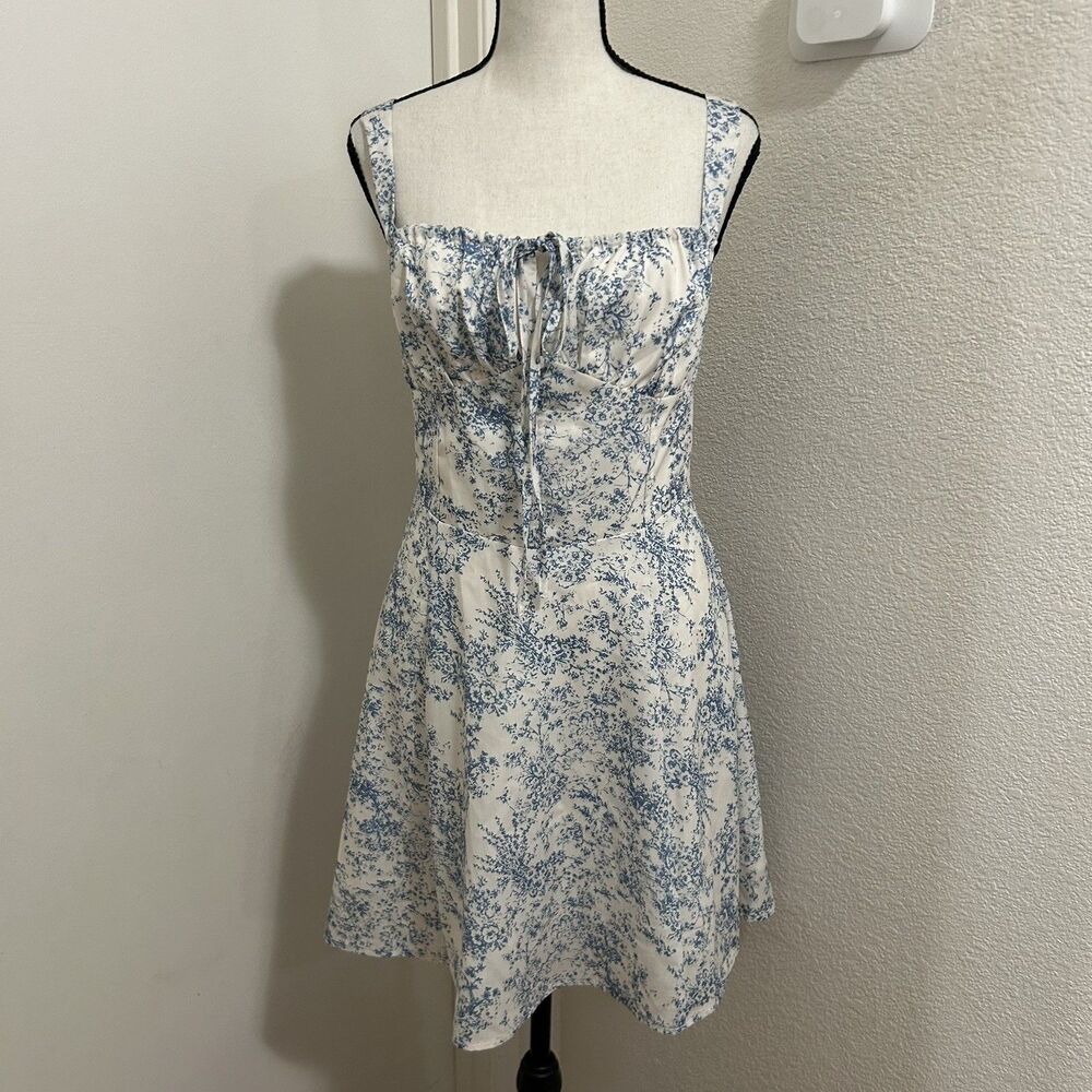 RIHOAS Blue White Floral Toile Corset Mini Dress Lace Back Milkmaid Size L NWT